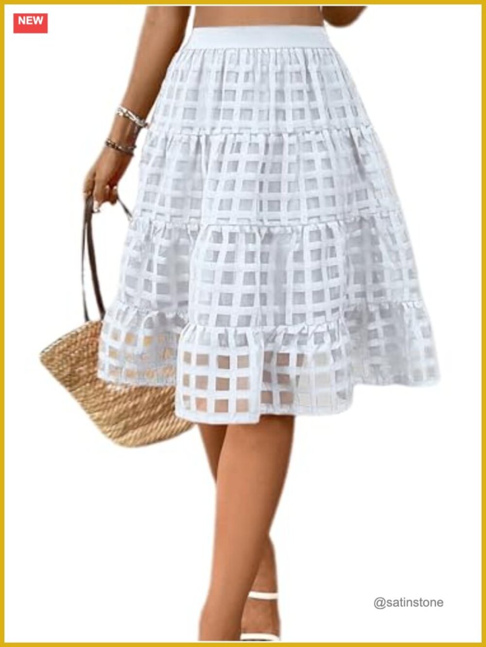Women's Waffle Layered Tulle A-Line Midi Skirt with Ruffle Hem Knee Length